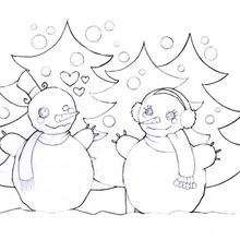 Dibujo para colorear : Muñecos de nieve enamorados