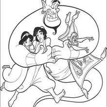 Dibujo para colorear : El Genio, Abú, Jasmín y Aladdin