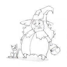 Dibujo para colorear : Halloween: bruja y su gato
